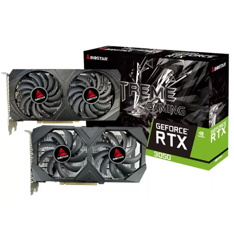 Vaizdo plokštė BIOSTAR GeForce RTX 3050 6GB GDDR6 PCIe 4.0, 2304 CUDA branduoliai, 96 bitų, 2x ventiliatoriai, 225×43 mm