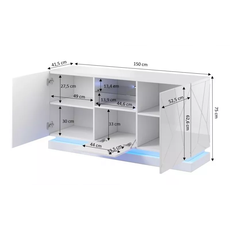 QIU 2D1K komoda 150x41.5x75 cm blizgus baltas/blizgus baltas