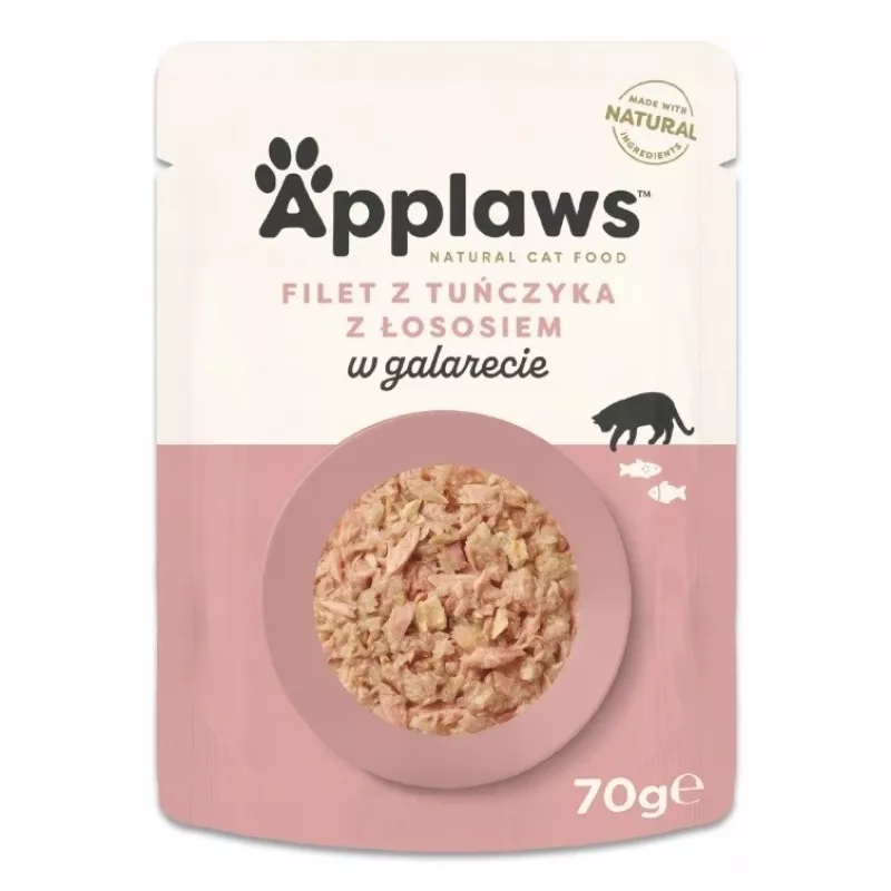 Šlapias kačių maistas Applaws Tunas ir lašiša želė 70 g maišelis — suaugusioms katėms, 13% baltymų, 82% drėgmės