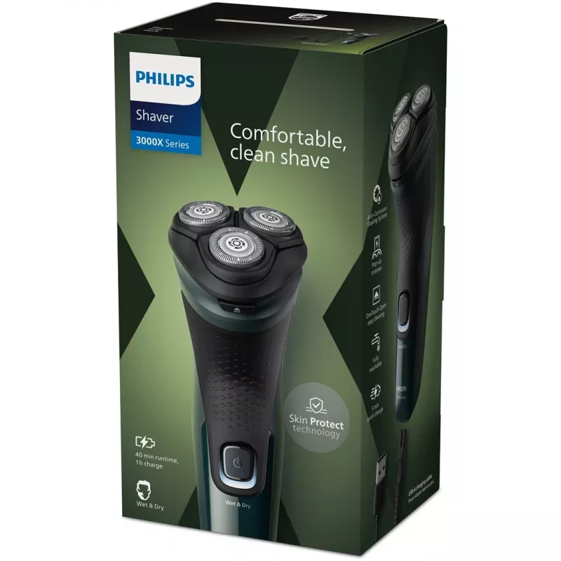 Elektrinis rotacinis skustuvas Philips 3000X serijos X3002/00 – 3 galvutės, šlapiam ir sausam naudojimui, belaidis, NiMH baterija, 40 min. veikimo laikas