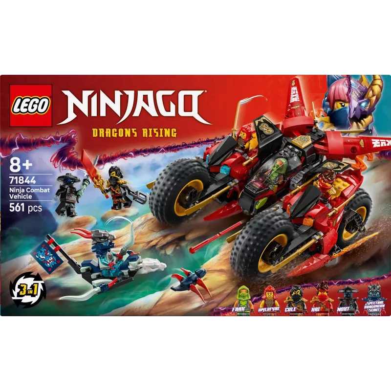 LEGO Ninja Combat Vehicle set 71844 — NINJAGO, 561 dalis, 6 minifigūrėlės, judamos dalys, 140×240×220 mm