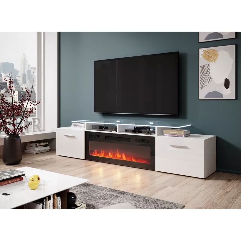 TV spintelė Cama Meble ROVA su elektriniu židiniu 190x37x48 cm balta / blizgi balta