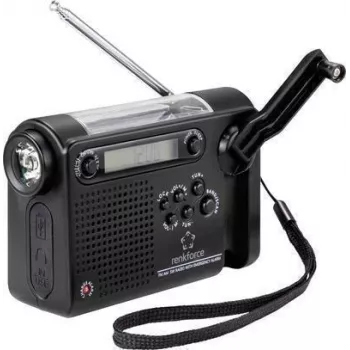 Renkforce RF-CR-200 nešiojamasis radijas UKW, MW, KW įkraunamas, saulės baterija, rankinė rankenėlė, žadintuvo funkcija, žibintuvėlis juodas (RF-4694806)