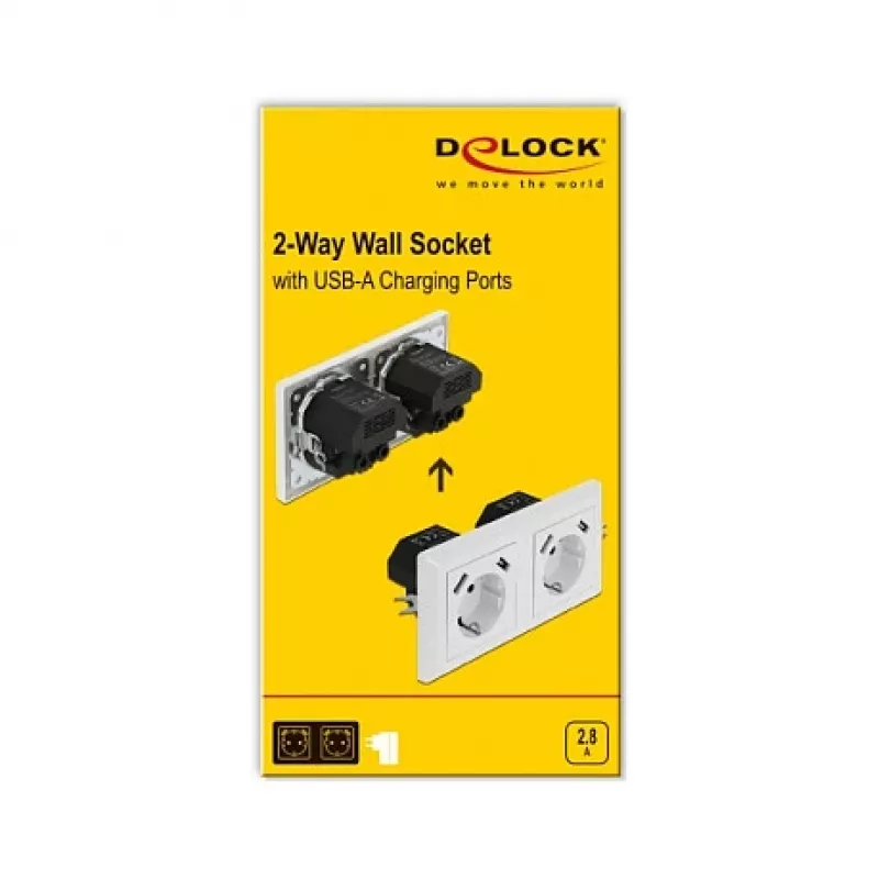 Sieninis lizdas DeLOCK 2 krypčių su 4 USB prievadais 2 x 2.8 A