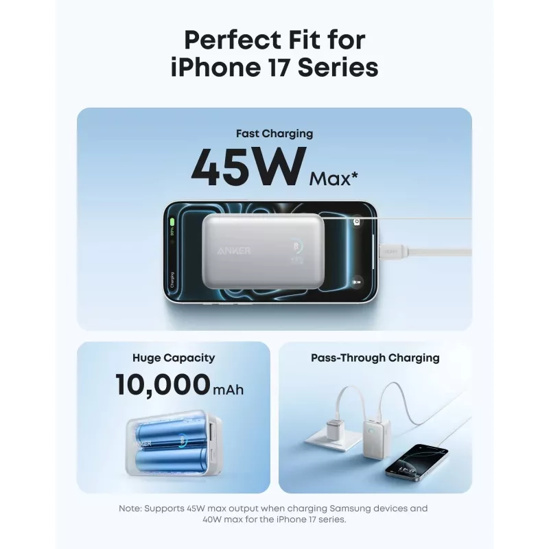 Išorinė baterija Anker A1638 10000 mAh, 45 W bendra galia, balta, įmontuotas ištraukiamas USB-C laidas