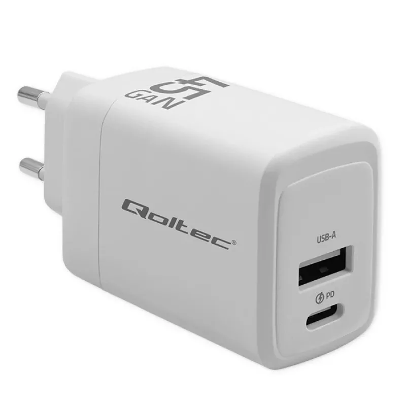 GaN 45W įkroviklis 5V 20V 1,5A 3A, 1xUSB C PD, 1xUS