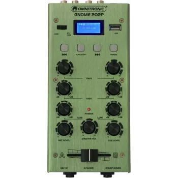 Mini maišytuvas Omnitronic GNOME-202P — 2 kanalų kompaktiškas garso maišytuvas, žalias