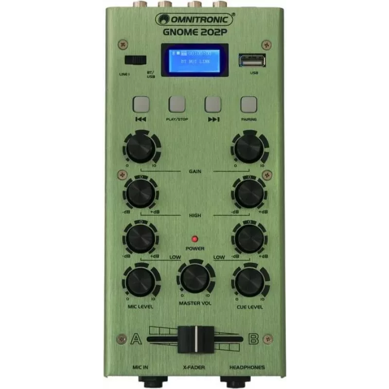 Mini maišytuvas Omnitronic GNOME-202P — 2 kanalų kompaktiškas garso maišytuvas, žalias
