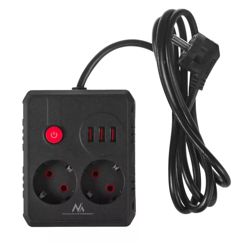 Maitinimo lizdų blokas MACLEAN MCE387 B — 2 lizdai, 3×USB A, 110–240V, 1,5 m kabelis, maks. 2500W