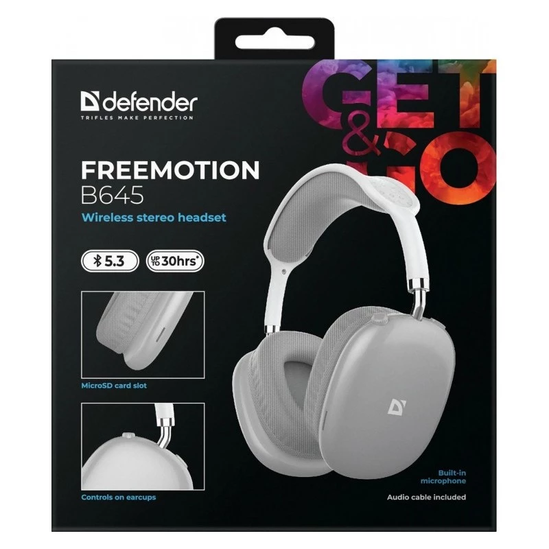 Belaidės uždedamos ausinės DEFENDER EEMOTION B645 — binauralinės, USB-C, AUX, 20–20 000 Hz, 105 dB jautris