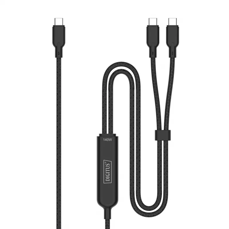 DIGITUS USB-C 2-in-1 įkrovimo laidas 140W, USB-C į 2×USB-C, 1,8 m, USB 2.0, juodas