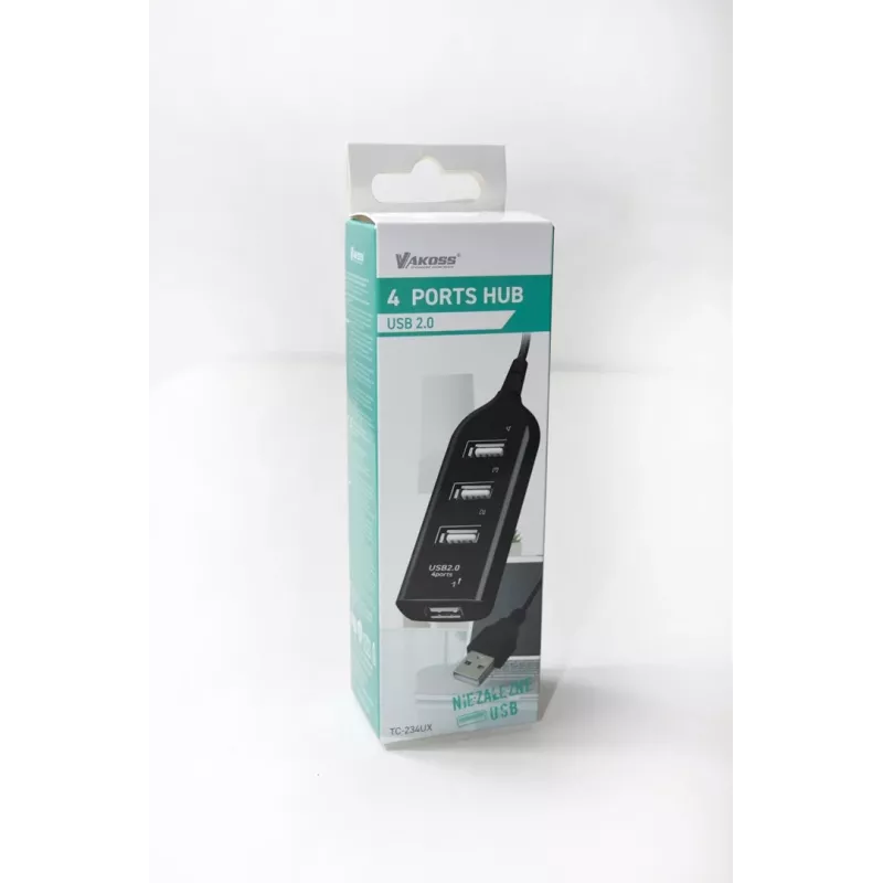 VAKOSS USB šakotuvas TC-234UX — 4 prievadų USB 2.0 šakotuvas, nuolatinės srovės maitinimas (5 V, 1 A), juodas