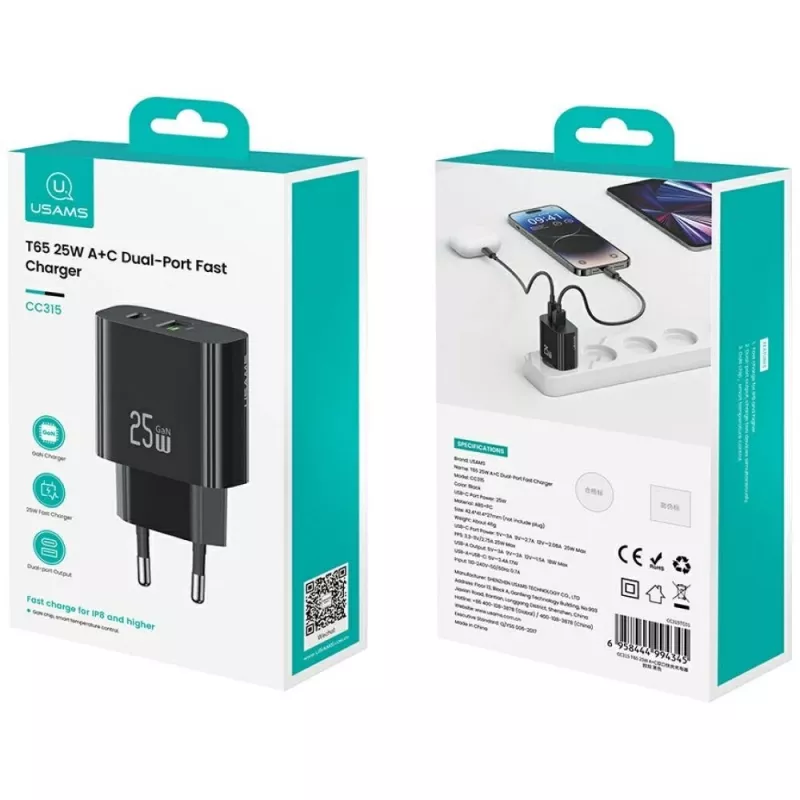 USB įkroviklis usams USA001629 25W 1×USB-C + 1×USB-A greitas įkrovimas