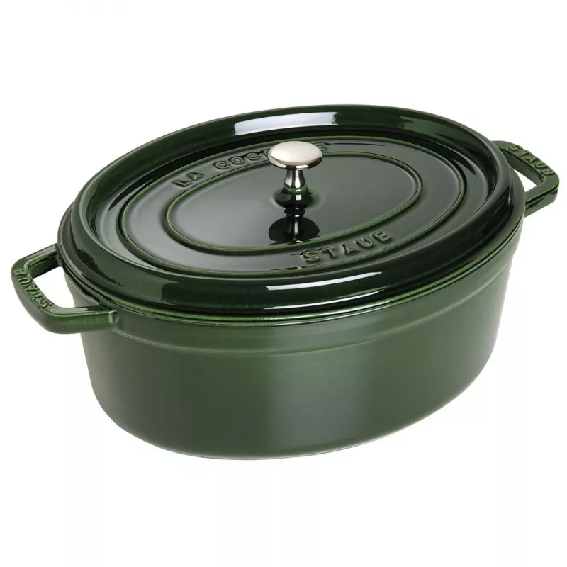 Staub La Cocotte 33 cm ovalus ketaus puodas, Bazilikų žalios spalvos