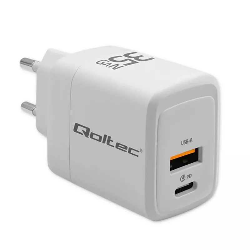 Įkroviklis QOLTEC 51824 GaN 35W USB-C PD & USB QC 3.0, 5–20V, 1x USB-C, 1x USB-A