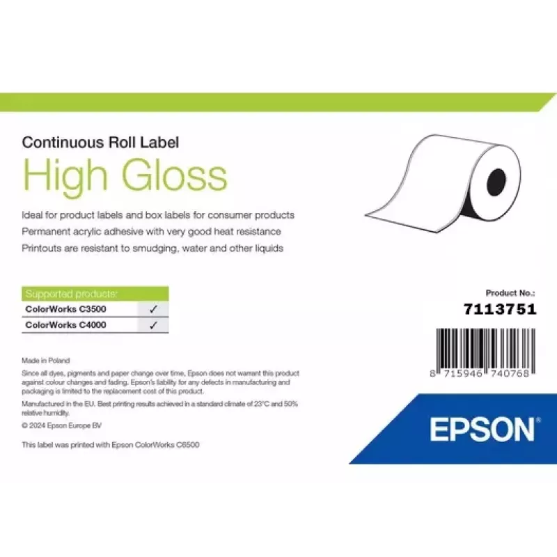 Etikečių rulonas Epson 7113751, blizgi apdaila, plotis 76 mm, ilgis 33 000 mm