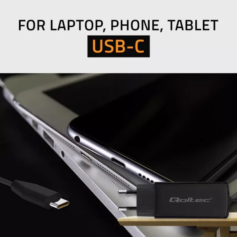 GaN nešiojamojo kompiuterio įkroviklis QOLTEC 52419 65 W USB-C PD 5V/20V 3A/3,25A, 220–240 V, 1,8 m laidas, juodas