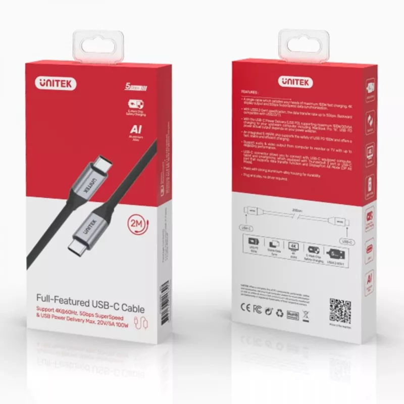 UNITEK C14091ABK USB laidas USB 3.2 Gen 2 2m USB C juodas
