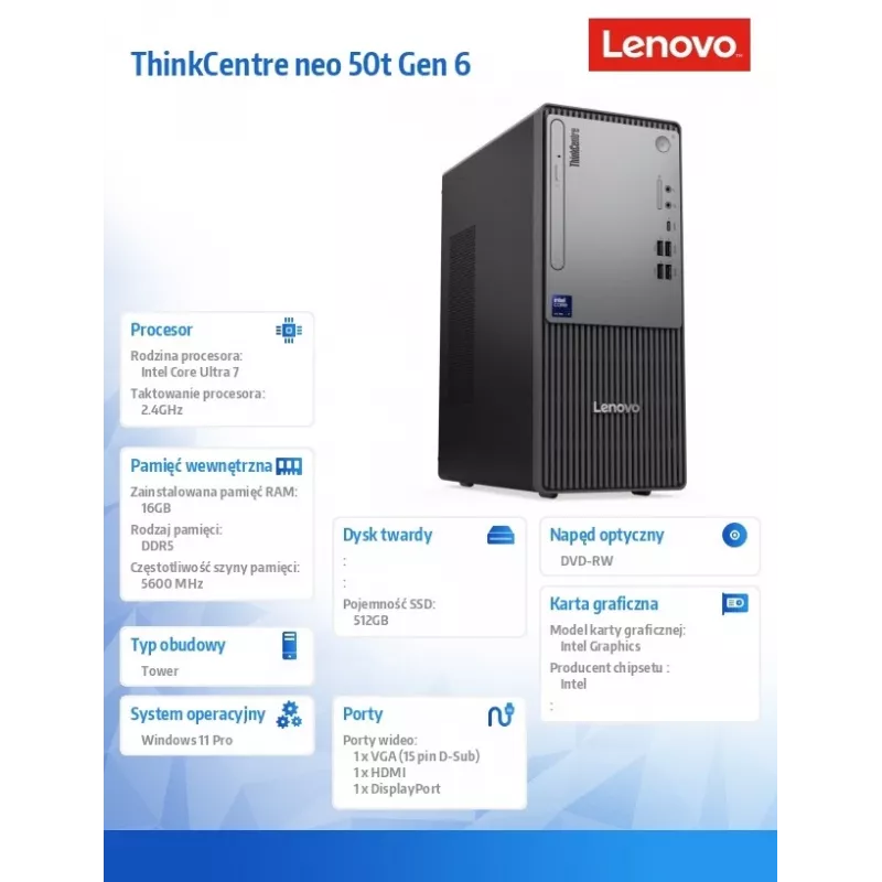 Stalinis kompiuteris Lenovo ThinkCentre Neo 50t G6 Tower — Intel Ultra 7 265, 16GB RAM, 512GB SSD, Windows 11 Pro, DVD, Juodas, 3 m. OS + 1 m. CI