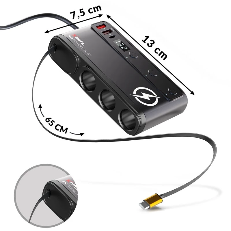 Maitinimo adapteris Xblitz R10 POWER CHARGE su 2× USB-C, 2× USB-A ir 3× USB 3.0 Type-A, 1 m laidas, juodas