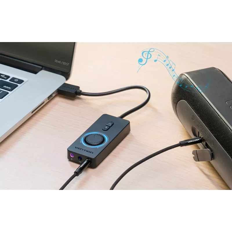 Išorinė USB 2.0 garso plokštė Vention CDRBF — 16 bitų, 44,1–48 kHz, maitinama per USB, 1 m kabelis, linijos įvestis / linijos išvestis