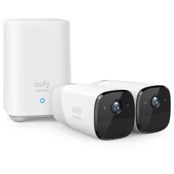Eufy Security, eufyCam 2 Pro belaidė namų apsaugos kamerų sistema, 365 dienų baterijos veikimo laikas, suderinamumas su HomeKit, 2K raiška, IP67 atsparumas oro sąlygoms, naktinis matymas, 2 kamerų rinkinys, be mėnesinio mokesčio