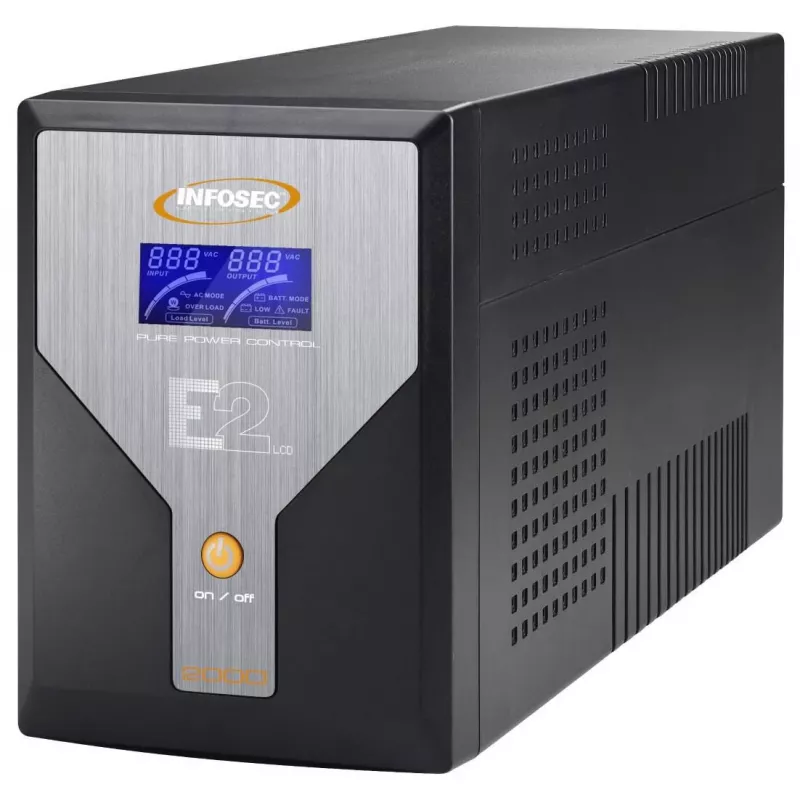 Nenutrūkstamo maitinimo šaltinis Infosec E2 LCD 2000VA 2 kVA, 50/60 Hz įėjimas, 55 dB triukšmas, 60 min. veikimo laikas esant pilnai apkrovai, juodas, 12,2 kg