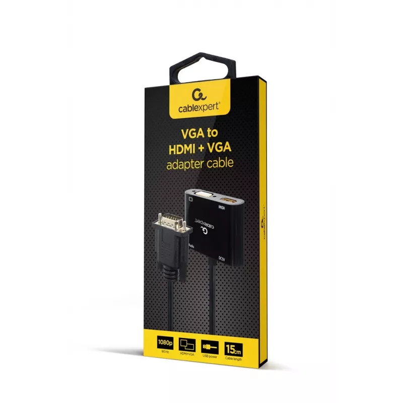 Vaizdo kabelio adapteris GEMBIRD A-VGA-HDMI-02 0,15 m — HDMI + VGA (D-Sub) jungtis (moteriška) į VGA (D-Sub) jungtį (vyriška), juoda