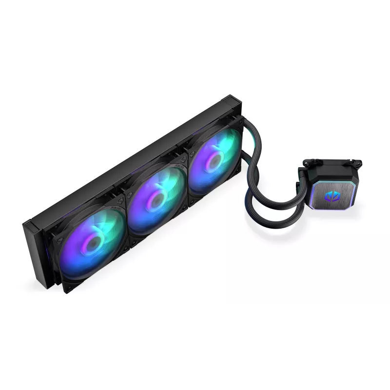 Viskas viename skysčio aušintuvas ENDORFY Navis F360 ARGB Juoda — 360 mm radiatorius, 3x 120×25 mm ventiliatoriai, 250–1800 aps./min., siurblys 1600–2600 aps./min., LGA 1700/AM5/AM4 palaikymas
