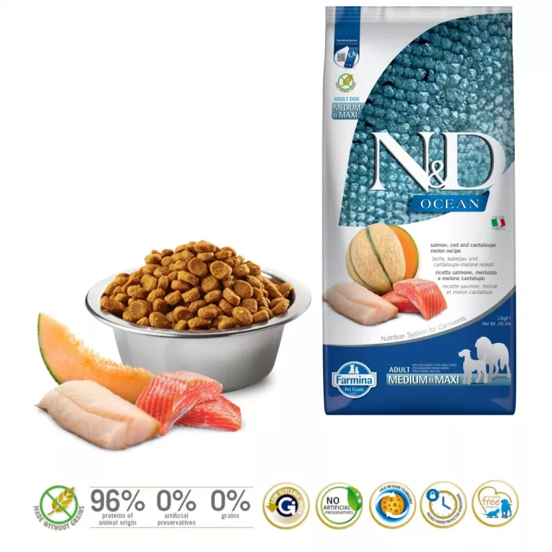 FARMINA N&D Ocean Dog Salmon, Cod, Cantaloupe, Melon Adult Medium&Maxi - sausas šunų maistas - 12 kg