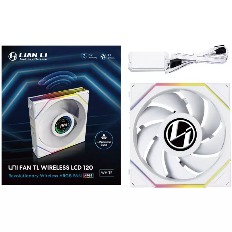 Lian Li UNI FAN TL Wireless LCD 120 balta — 120 mm PWM ventiliatorius su belaidžiu LCD valdikliu