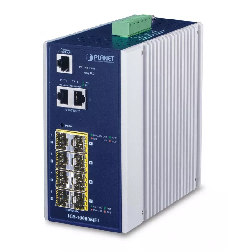 Valdomas tinklo komutatorius PLANET IGS-10080MFT — 2 x Gigabit RJ-45, 8 x SFP, 12–48V DC, Valdomas, IP30