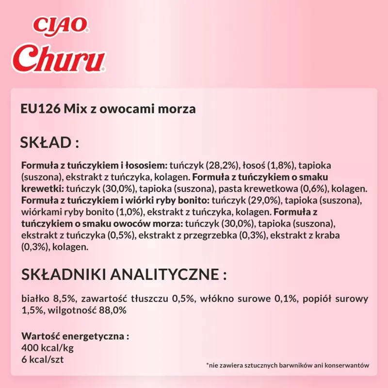 Šlapi kačių skanėstai INABA Churu Variety Box Seafood — 20 x 14 g tūbelės, žuvies pasta, be grūdų, be cukraus ir be glitimo
