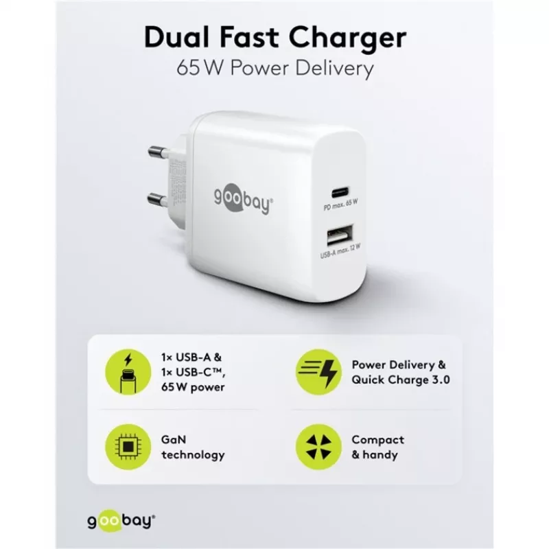 USB-C dviejų greitų įkroviklių, PD, GaN, 65 vatų (baltas, 1x USB-C, 1x USB-A, maitinimo tiekimas)