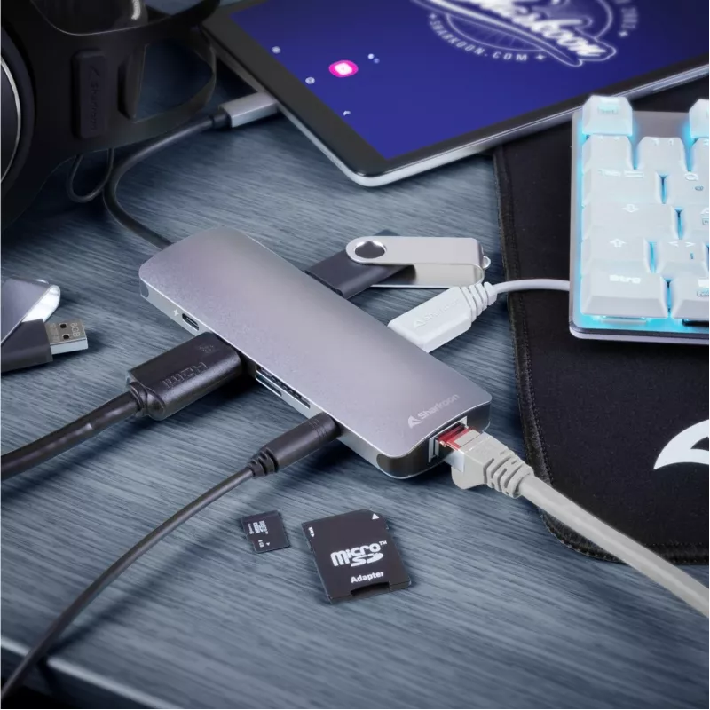 Sharkoon USB 3.0 Type C Combo Adapter sąsajos kortelės / adapteris HDMI, RJ-45, USB 3.2 Gen 1 (3.1 Gen 1)