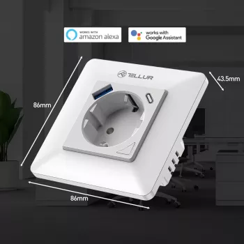 Išmanusis WiFi sieninis kištukas Tellur TLL331531 — 3600W 16A, nuotolinis valdymas per Wi‑Fi
