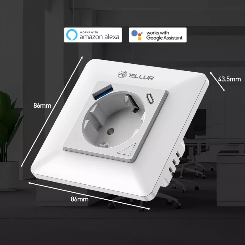 Išmanusis WiFi sieninis kištukas Tellur TLL331531 — 3600W 16A, nuotolinis valdymas per Wi‑Fi