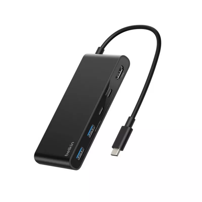 Belkin Connect, USB Type-C, HDMI, USB 2.0 Type-A, USB 3.2 Gen 1 (3.1 Gen 1) Type-C, MicroSD (TransFlash), SD, juoda, apvalus kabelis, 0,2 m