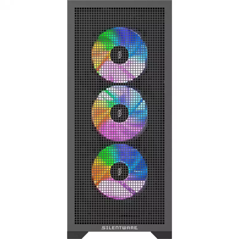 PC korpusas Silentware Core 100 A-RGB Juoda — modelis CORE100Juoda, A-RGB apšvietimas, vidutinio bokšto formos faktorius