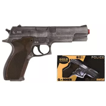 Žaislinis smiginio pistoletas Pulio Police gun metal GONHER 45/1 15545/1 — metalo apdaila, vienšūvis žaislinis šaunamasis ginklas