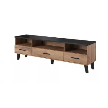 TV stovas Cama Meble LOTTA 180 cm — Wotan ąžuolo rėmas, matinio juodo viršaus plokštė, 1800×400×530 mm