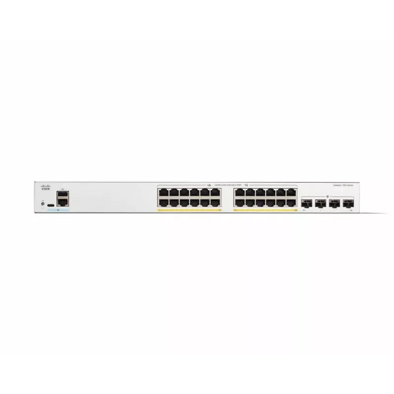 Cisco Catalyst 1300-24FP-4G valdomas jungiklis, 24 prievadai GE, pilnas PoE, 4x1GE SFP, ribota viso gyvenimo apsauga (C1300-24FP-4G)