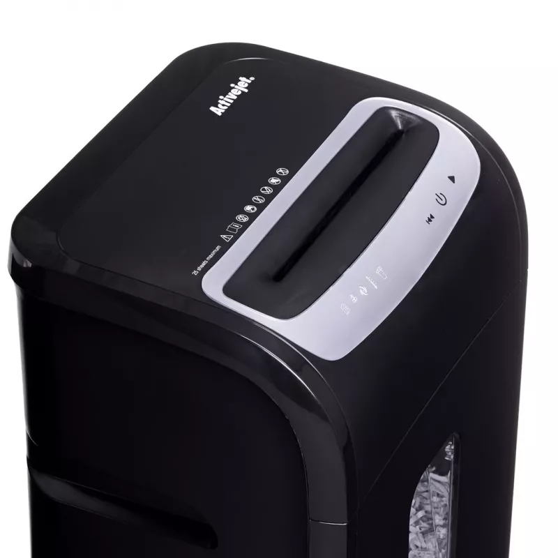 Dokumentų smulkintuvas ActiveJet ASH-2502C — kryžminis pjovimas P-4, 25 lapai, 4x40 mm, 28 L dėžė, 22,8 cm padavimo anga, 30 min darbo ciklas