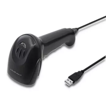 Rankinis brūkšninio kodo skaitytuvas QOLTEC 50866 — 1D lazerinis skaitytuvas, USB laidinis, 600 mm diapazonas, juodas, 161,5×88×77 mm