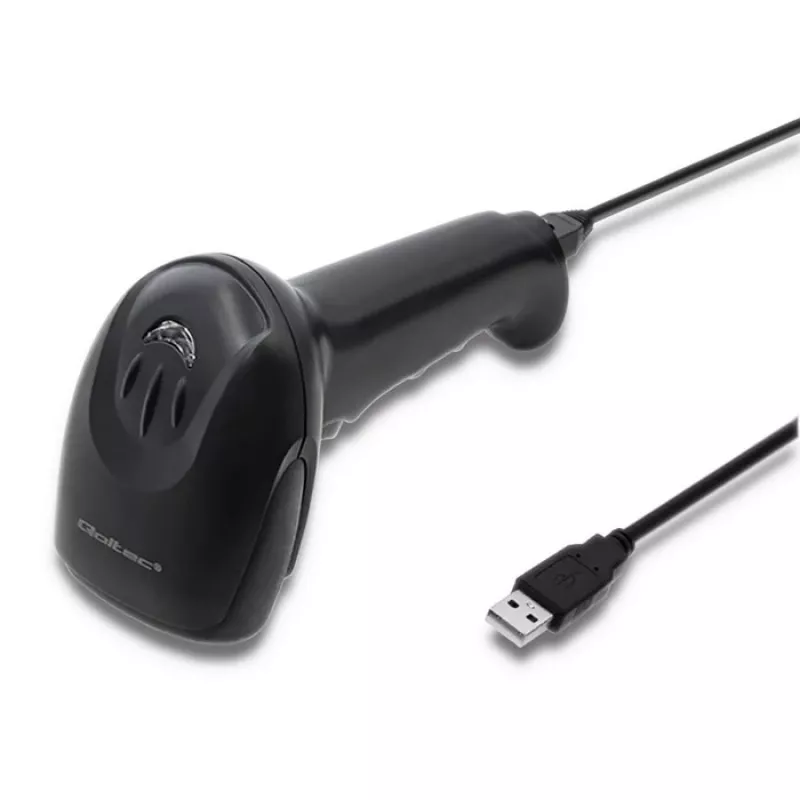 Rankinis brūkšninio kodo skaitytuvas QOLTEC 50866 — 1D lazerinis skaitytuvas, USB laidinis, 600 mm diapazonas, juodas, 161,5×88×77 mm