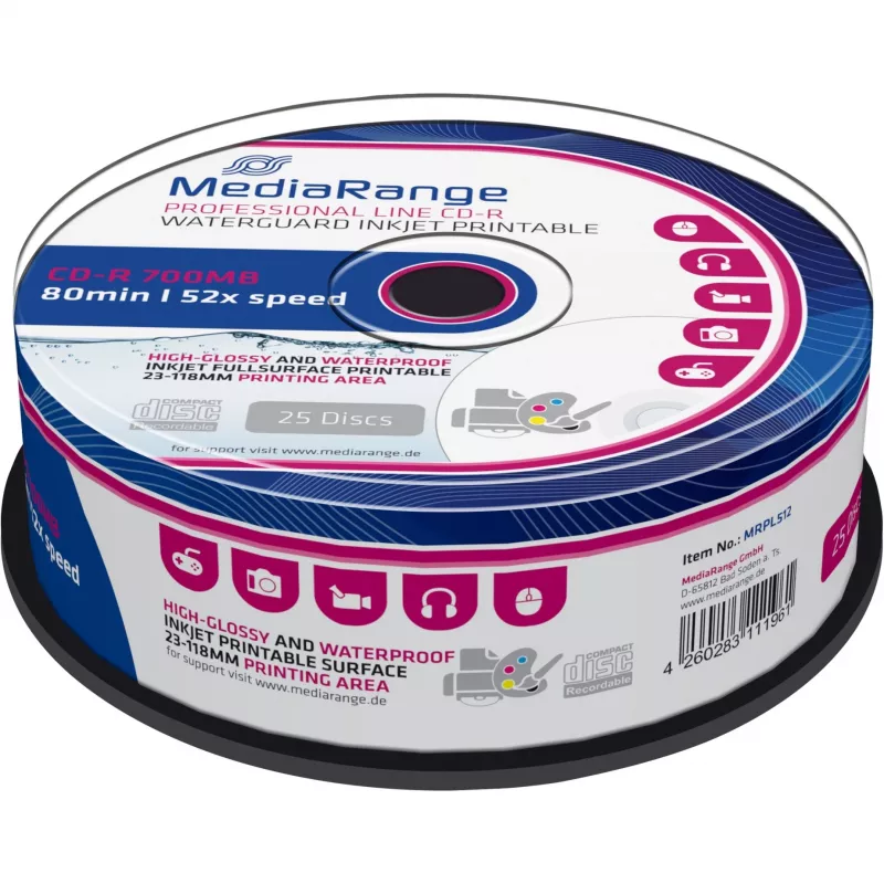 CD-R MediaRange MRPL512 700 MB 52x rašaliniam spausdinimui 25 vnt. ant velenėlio