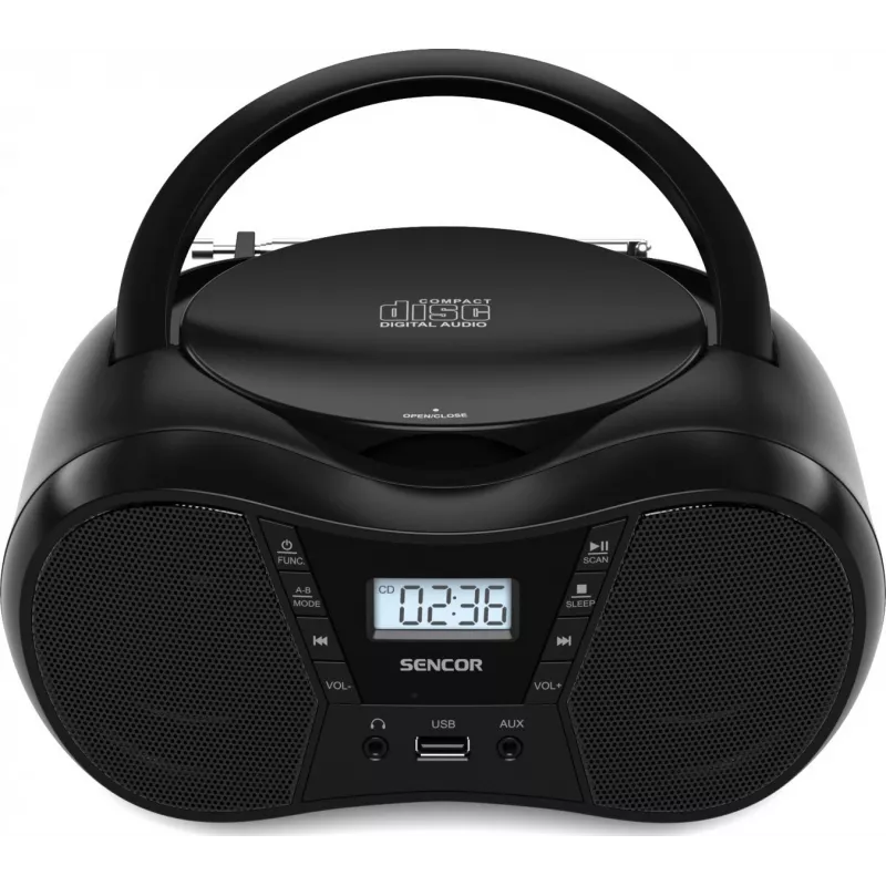 Boombox SENCOR SPT2300BK — CD grotuvas, MP3, USB, Bluetooth 5.1, FM, AUX, 4 W, baterija/AC