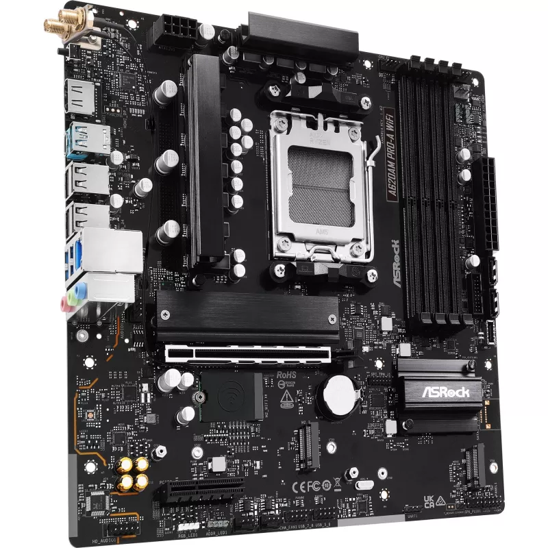 Pagrindinė plokštė ASRock A620AM Pro-A WiFi AM5 mATX — AMD A620, Socket AM5, DDR5 iki 256 GB, Wi‑Fi 6E, 2.5Gb LAN, HDMI 2.1