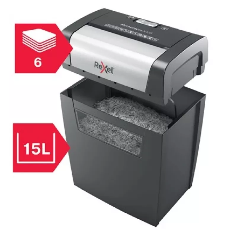 Rexel Momentum X406 kryžminio pjovimo popieriaus smulkintuvas P4, dalelių pjovimas, 4 x 28 mm, 15 L, 125 lapai, 70 dB, mygtukai