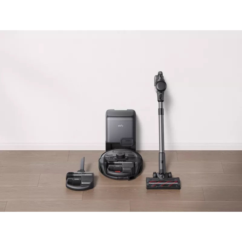 Robot vacuum Eufy E20 Juoda — apvalus, dulkių maišelio bazinė stotis, 150 min veikimo laikas, 35 cm skersmuo